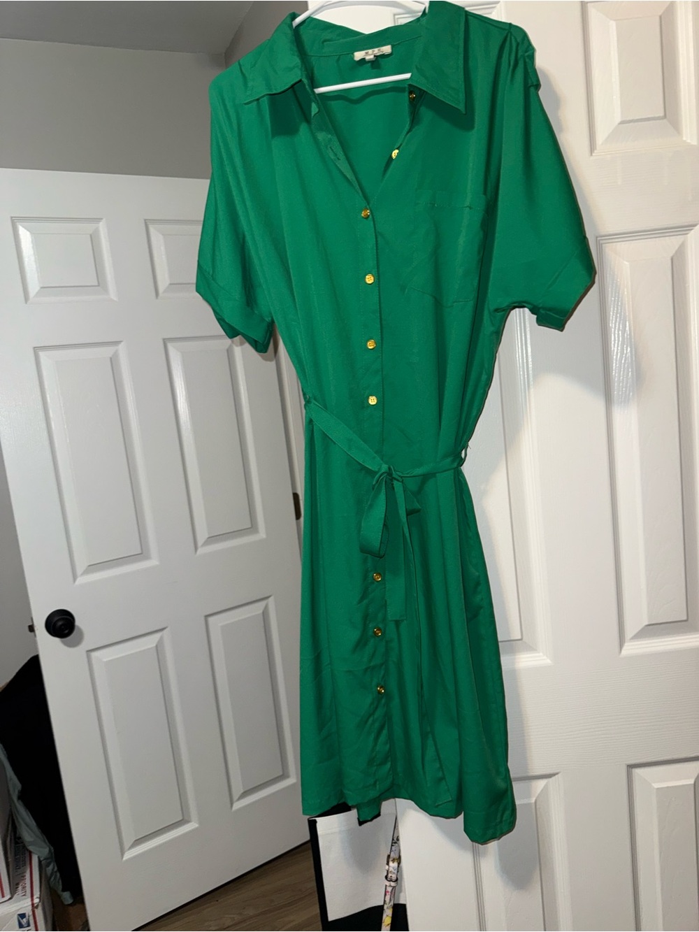 MPH Collection Emerald Green Button-Front Shirt Dress with Tie Waist